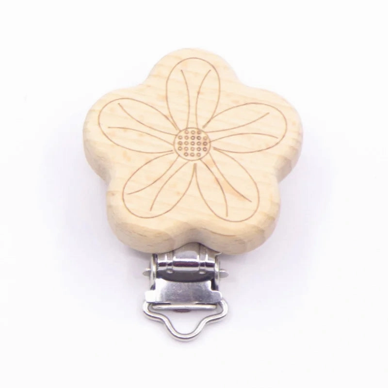 5pcs Cute Wood Cartoon Animal Pacifier Clip Set, Beech Chain Holder, DIY Baby Accessory, Natural Teething Clip