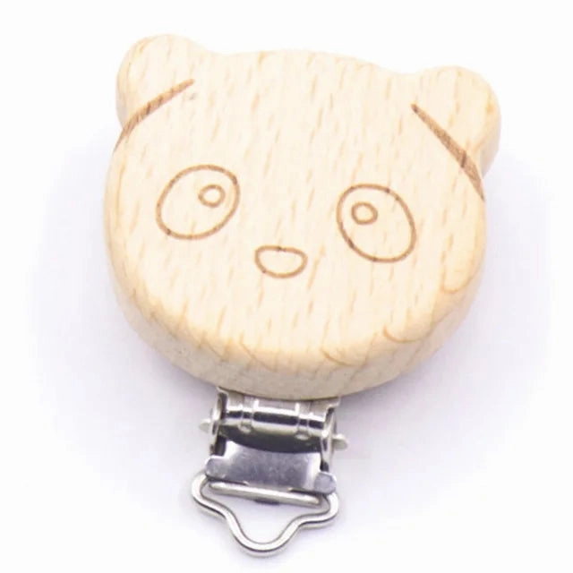 5pcs Cute Wood Cartoon Animal Pacifier Clip Set, Beech Chain Holder, DIY Baby Accessory, Natural Teething Clip