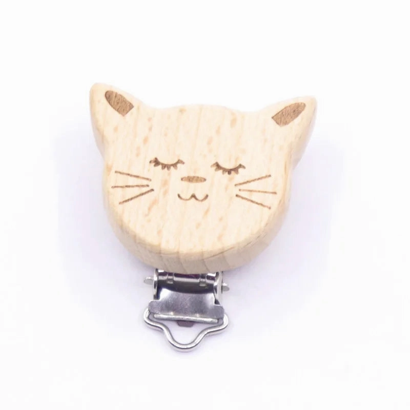 5pcs Cute Wood Cartoon Animal Pacifier Clip Set, Beech Chain Holder, DIY Baby Accessory, Natural Teething Clip