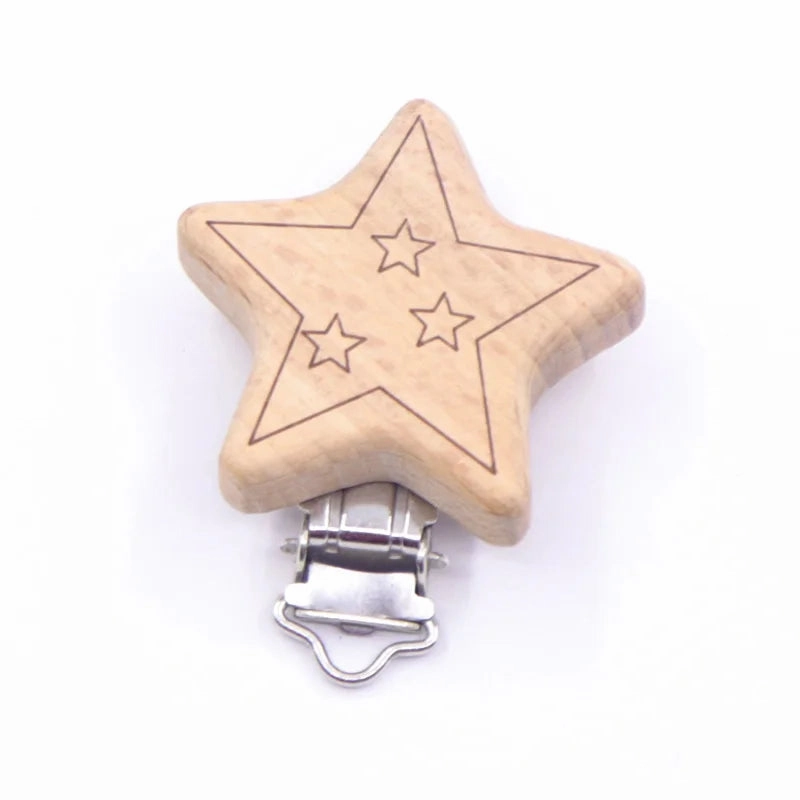 5pcs Cute Wood Cartoon Animal Pacifier Clip Set, Beech Chain Holder, DIY Baby Accessory, Natural Teething Clip