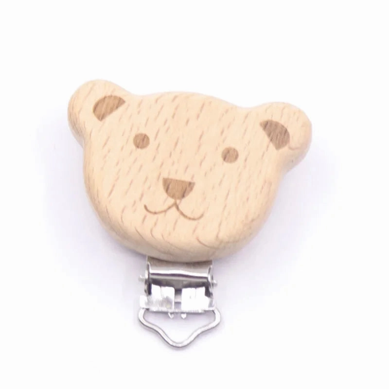 5pcs Cute Wood Cartoon Animal Pacifier Clip Set, Beech Chain Holder, DIY Baby Accessory, Natural Teething Clip
