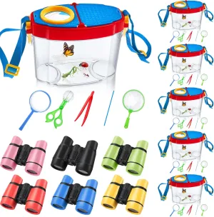 6 Sets Bug Catcher Kit for Kids Outdoor Explorer Kit Summer Bug Collection Kit with Kids Binoculars Butterfly Net Magnifying Glasses Tweezers Bug Observation Containers with Shoulder Strap