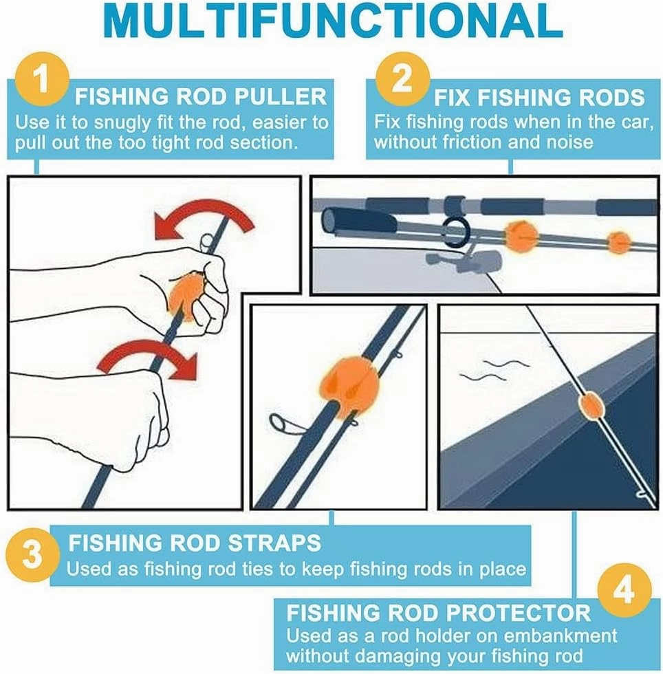 6-Pack Silicone Fishing Rod Holder Straps – Elastic Rod Holders for Fishing Poles with 5 Multi-Size Holes– Portable, Durable, Reusable & Lightweight – Fishing Accessories for Storage & Organization