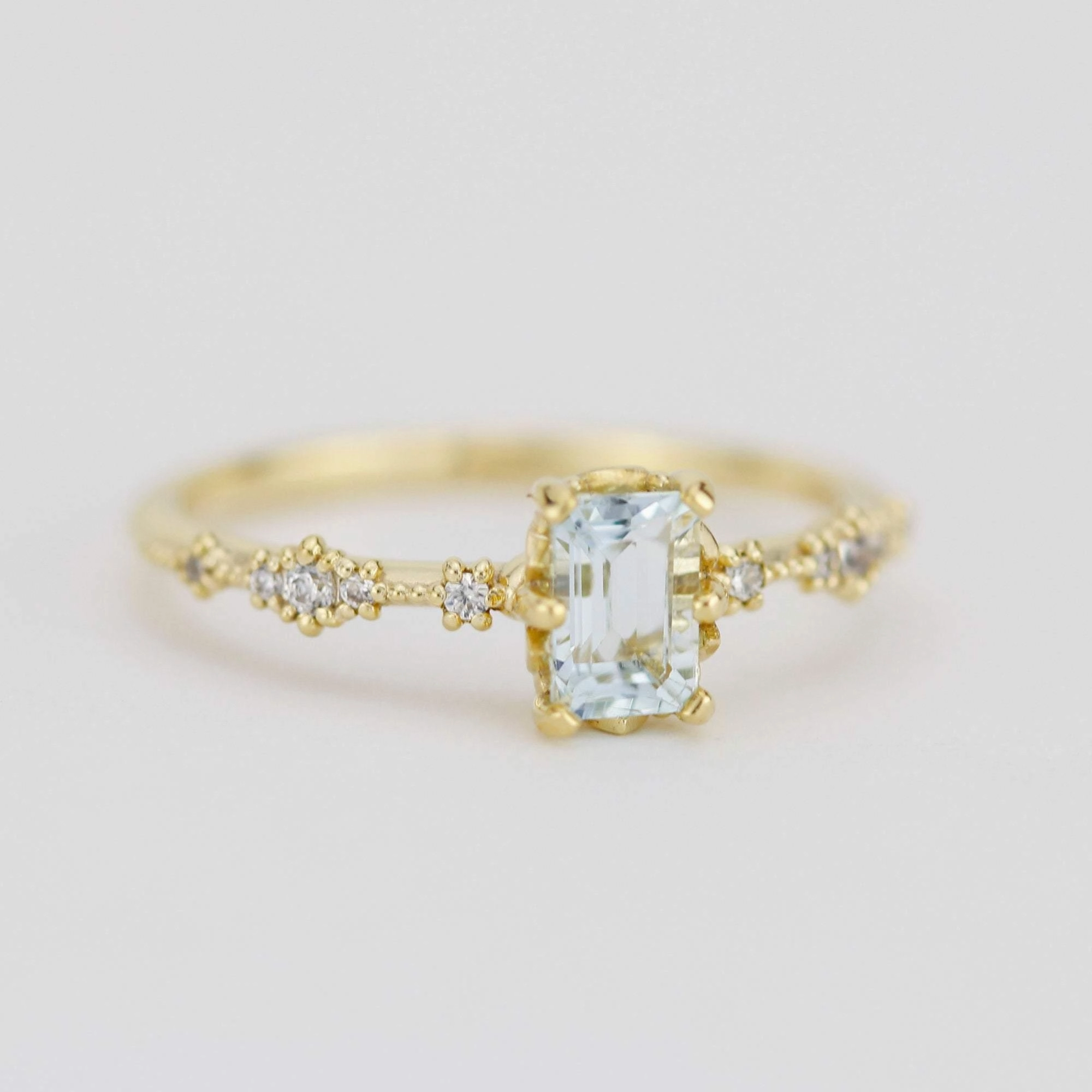 6x4 Emerald cut aquamarine and diamond engagement ring |  R326AQ