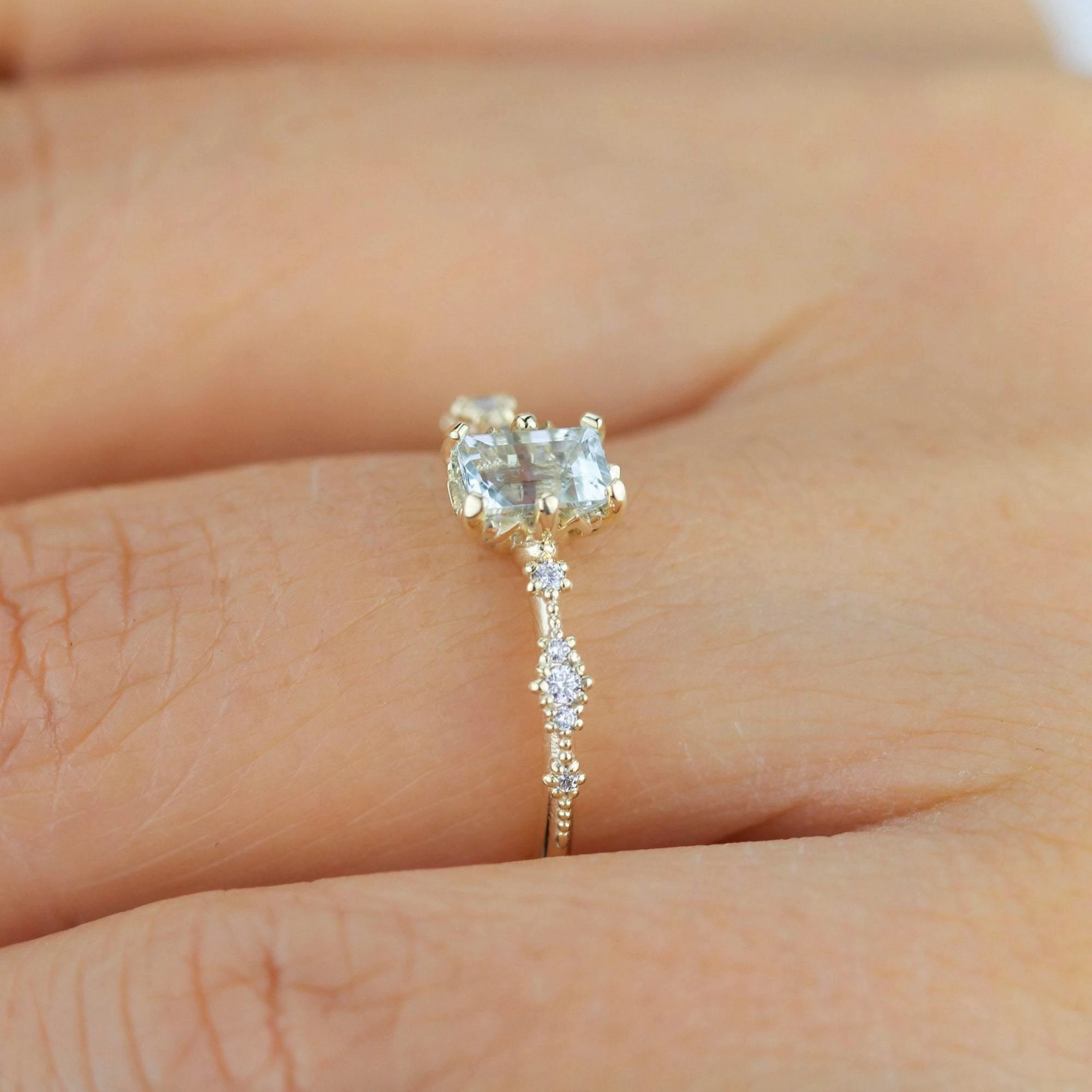 6x4 Emerald cut aquamarine and diamond engagement ring |  R326AQ