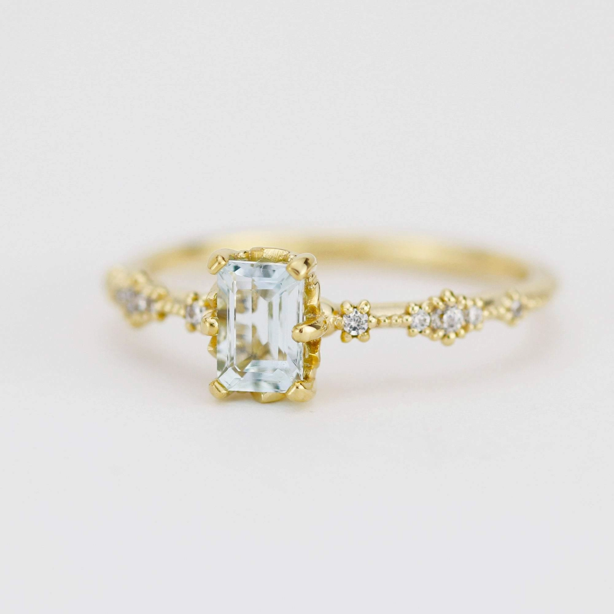 6x4 Emerald cut aquamarine and diamond engagement ring |  R326AQ