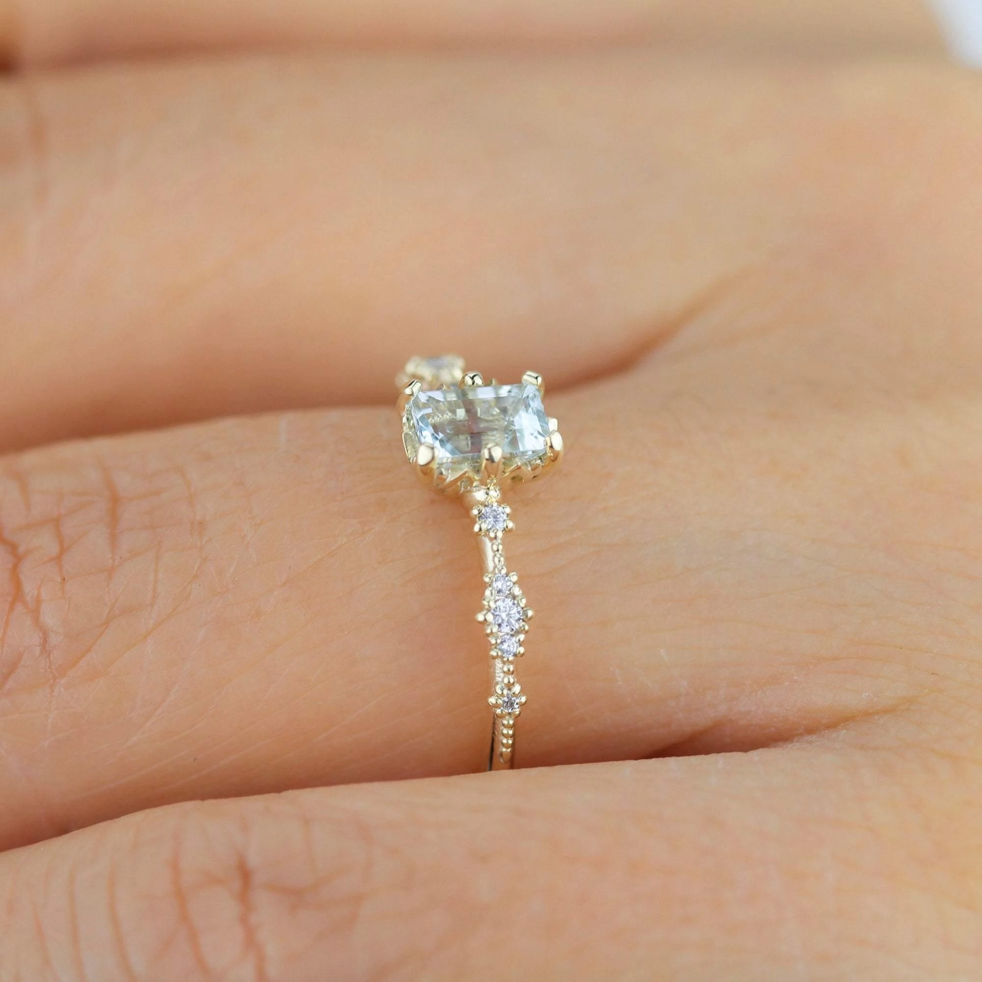 6x4 Emerald cut aquamarine and diamond engagement ring |  R326AQ