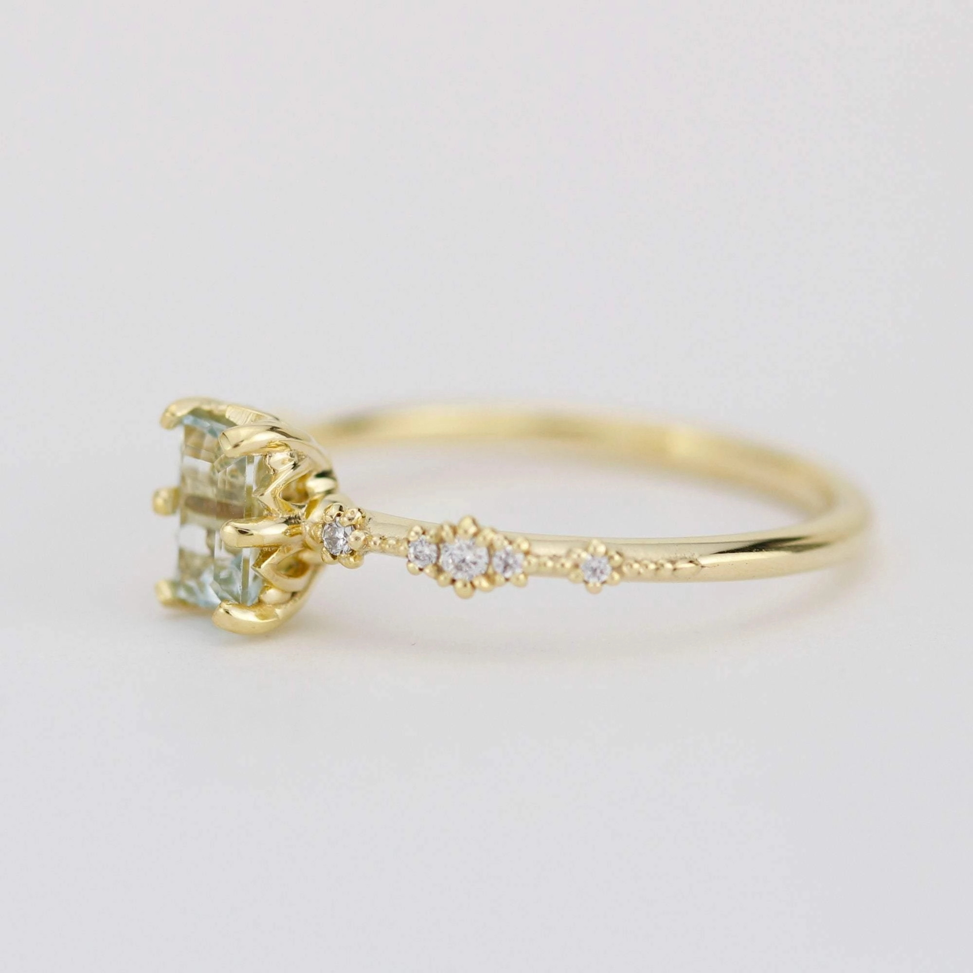 6x4 Emerald cut aquamarine and diamond engagement ring |  R326AQ