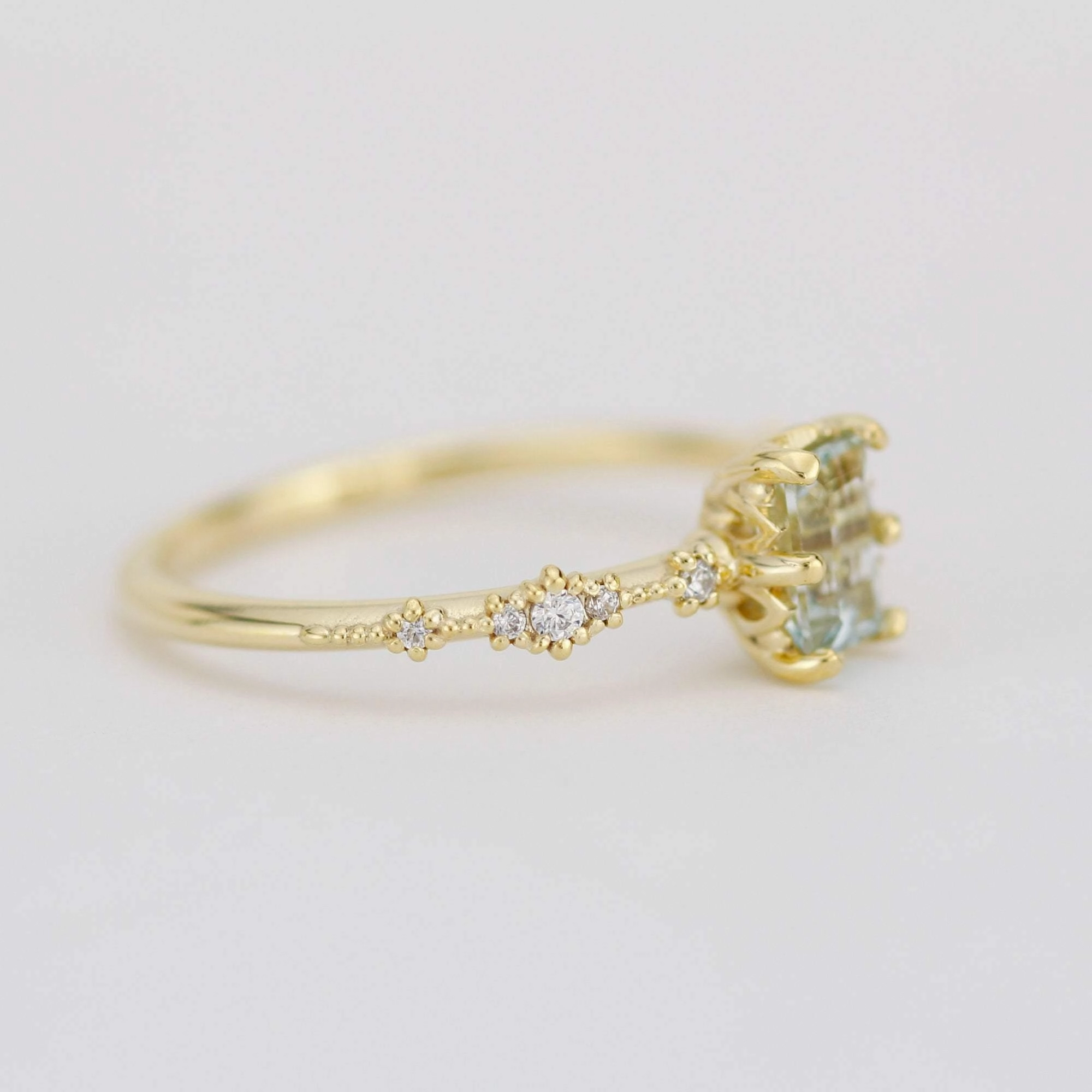 6x4 Emerald cut aquamarine and diamond engagement ring |  R326AQ