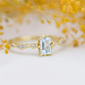 6x4 Emerald cut aquamarine and diamond engagement ring |  R326AQ