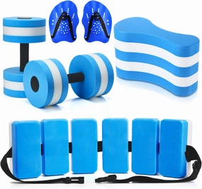 7 Pcs Aquatic Exercise Set Including 2 Lightweight Aquatic Exercise Dumbbells, 2 Swimming Hand Paddles, Pull Buoy, Swim Belt Pool Mesh Bag Exercise Equipment for Aquatic Aerobics Exercise