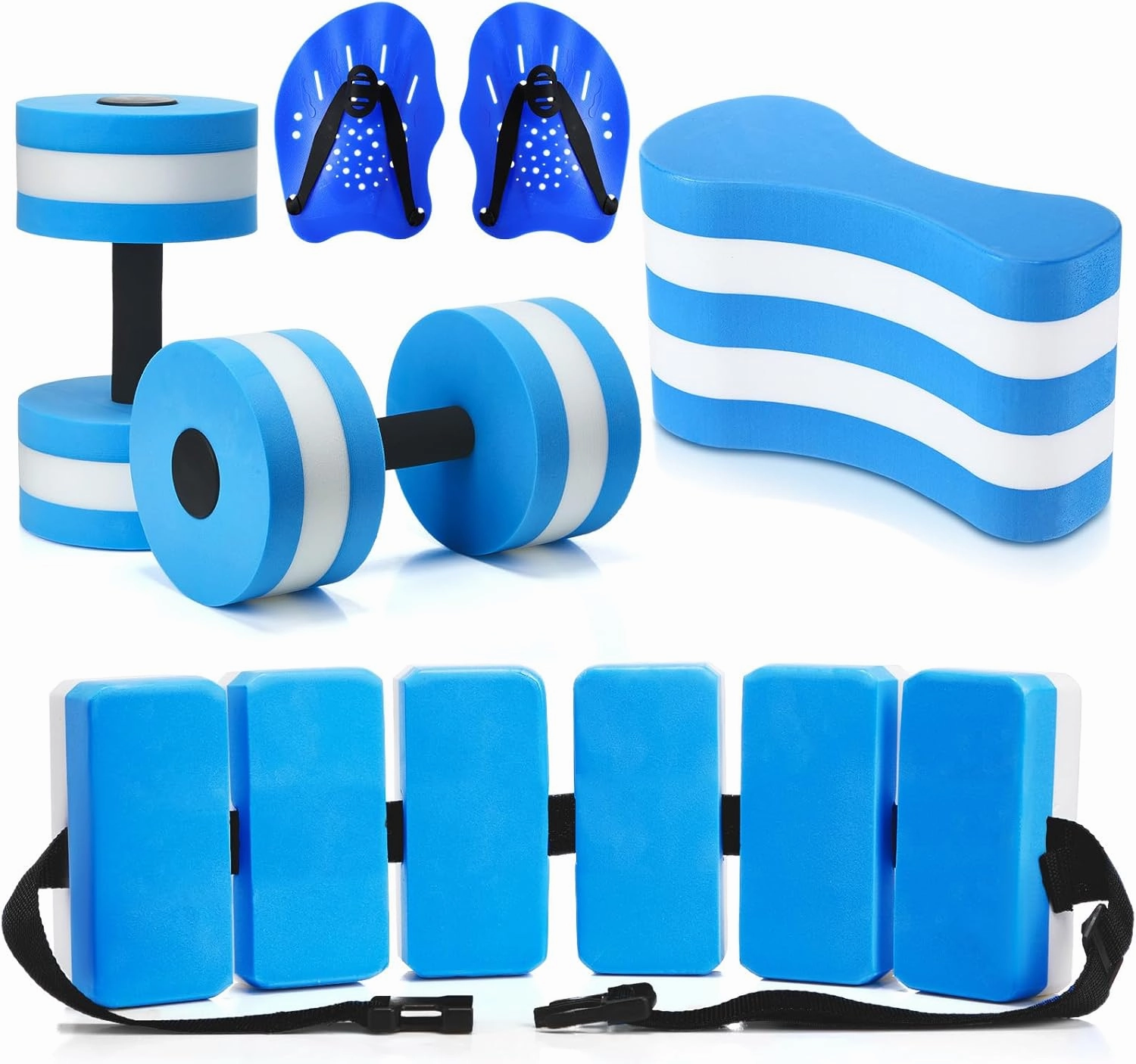 7 Pcs Aquatic Exercise Set Including 2 Lightweight Aquatic Exercise Dumbbells, 2 Swimming Hand Paddles, Pull Buoy, Swim Belt Pool Mesh Bag Exercise Equipment for Aquatic Aerobics Exercise