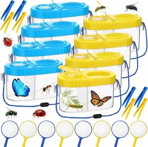 8 Pack Bug Catcher Kit Outdoor Toy Gift for Kids with Bug Containers Magnifying Glass Tweezers Collection Kit Kid Outdoor Explorer(Yellow, Blue)