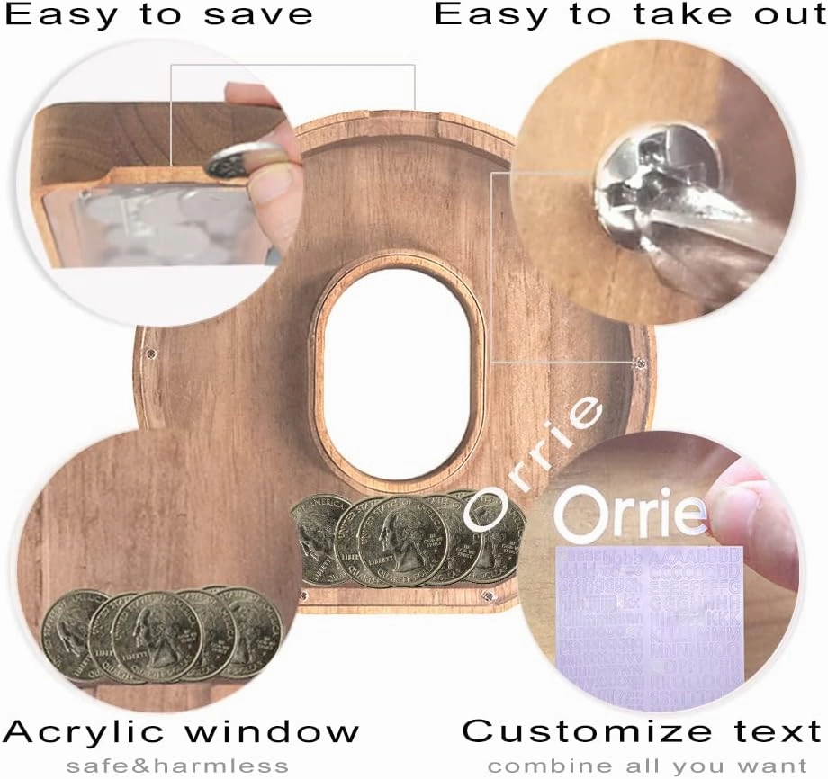 9.1 in Large Letter Piggy Banks for Kids Adult,Kids Piggy Bank for Girls Boys,Acrylic Clear Transparent See Through Personalized Name Initial Alphabet Wood Wooden Letter Coin Money Banks for Kids (R)