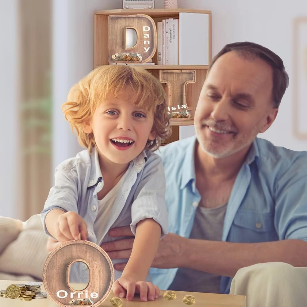 9.1 in Large Letter Piggy Banks for Kids Adult,Kids Piggy Bank for Girls Boys,Acrylic Clear Transparent See Through Personalized Name Initial Alphabet Wood Wooden Letter Coin Money Banks for Kids (R)