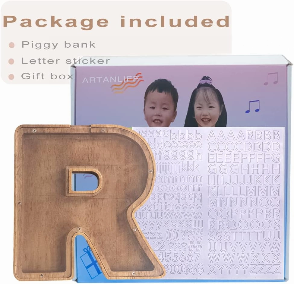 9.1 in Large Letter Piggy Banks for Kids Adult,Kids Piggy Bank for Girls Boys,Acrylic Clear Transparent See Through Personalized Name Initial Alphabet Wood Wooden Letter Coin Money Banks for Kids (R)
