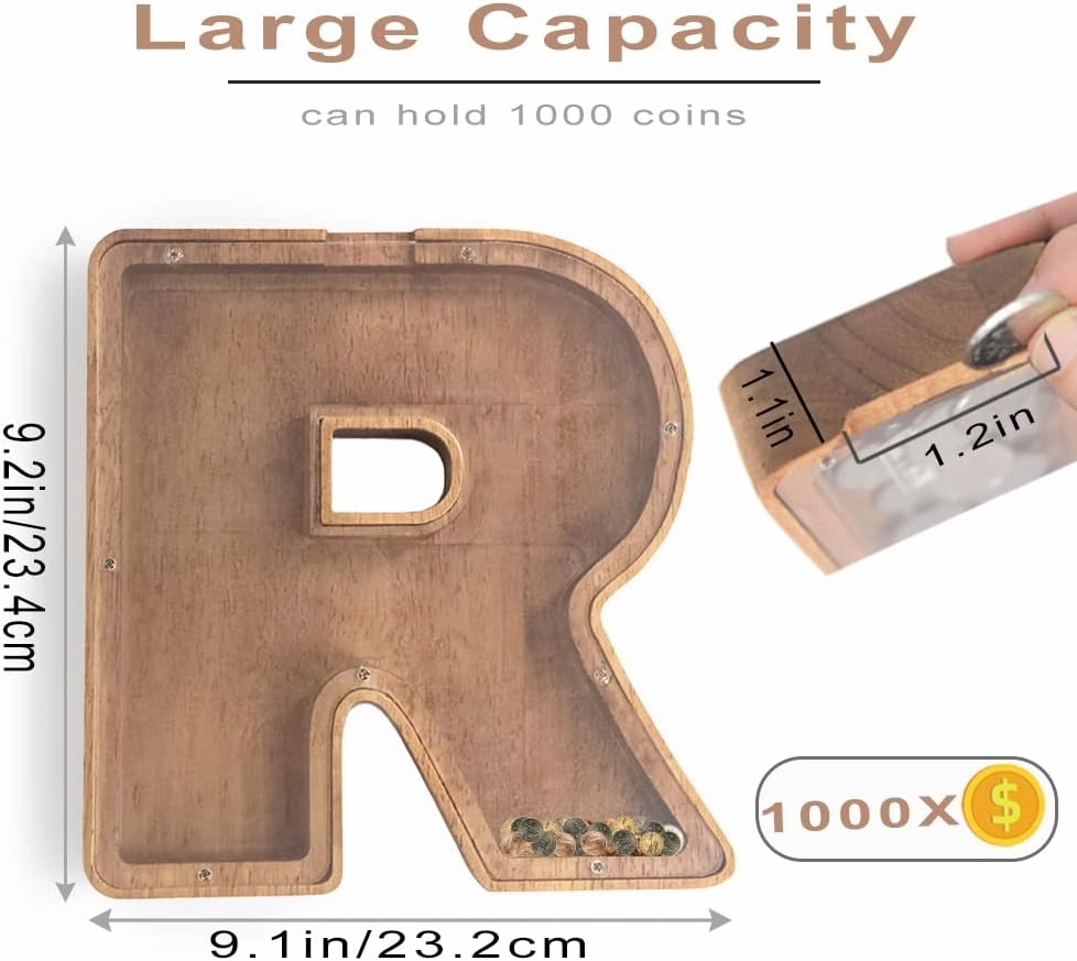 9.1 in Large Letter Piggy Banks for Kids Adult,Kids Piggy Bank for Girls Boys,Acrylic Clear Transparent See Through Personalized Name Initial Alphabet Wood Wooden Letter Coin Money Banks for Kids (R)