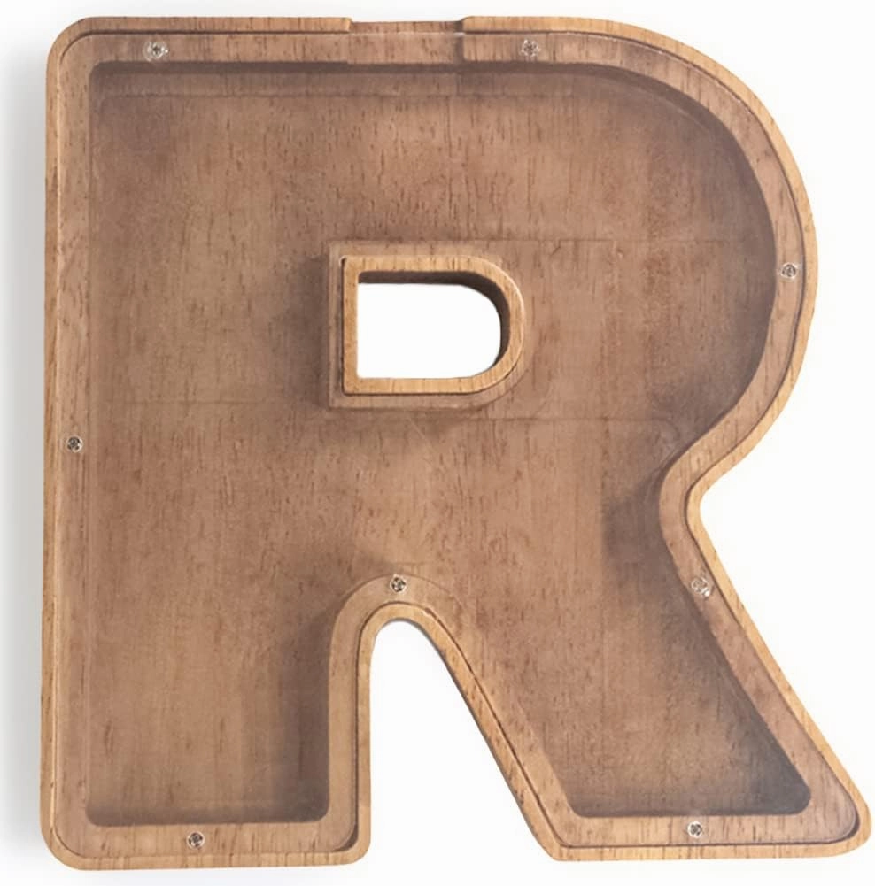 9.1 in Large Letter Piggy Banks for Kids Adult,Kids Piggy Bank for Girls Boys,Acrylic Clear Transparent See Through Personalized Name Initial Alphabet Wood Wooden Letter Coin Money Banks for Kids (R)