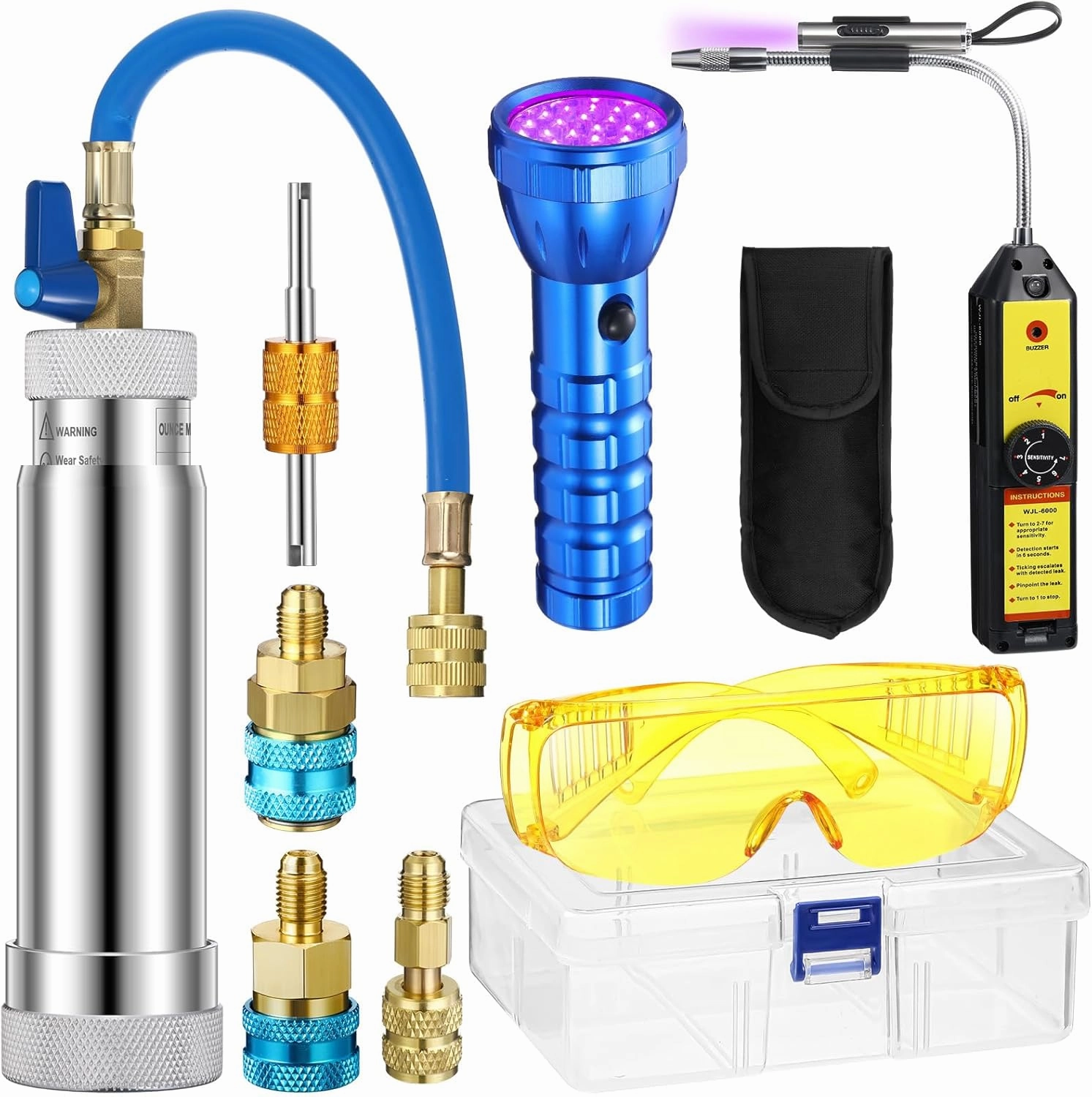 AC Leak Detector Kit, R1234yf R134a R410a AC Oil UV Dye Injector Kit Refrigerant Leak Detector Tool Low Side Quick Coupler Mini Split Adapter Glasses Flashlight(Powerful)
