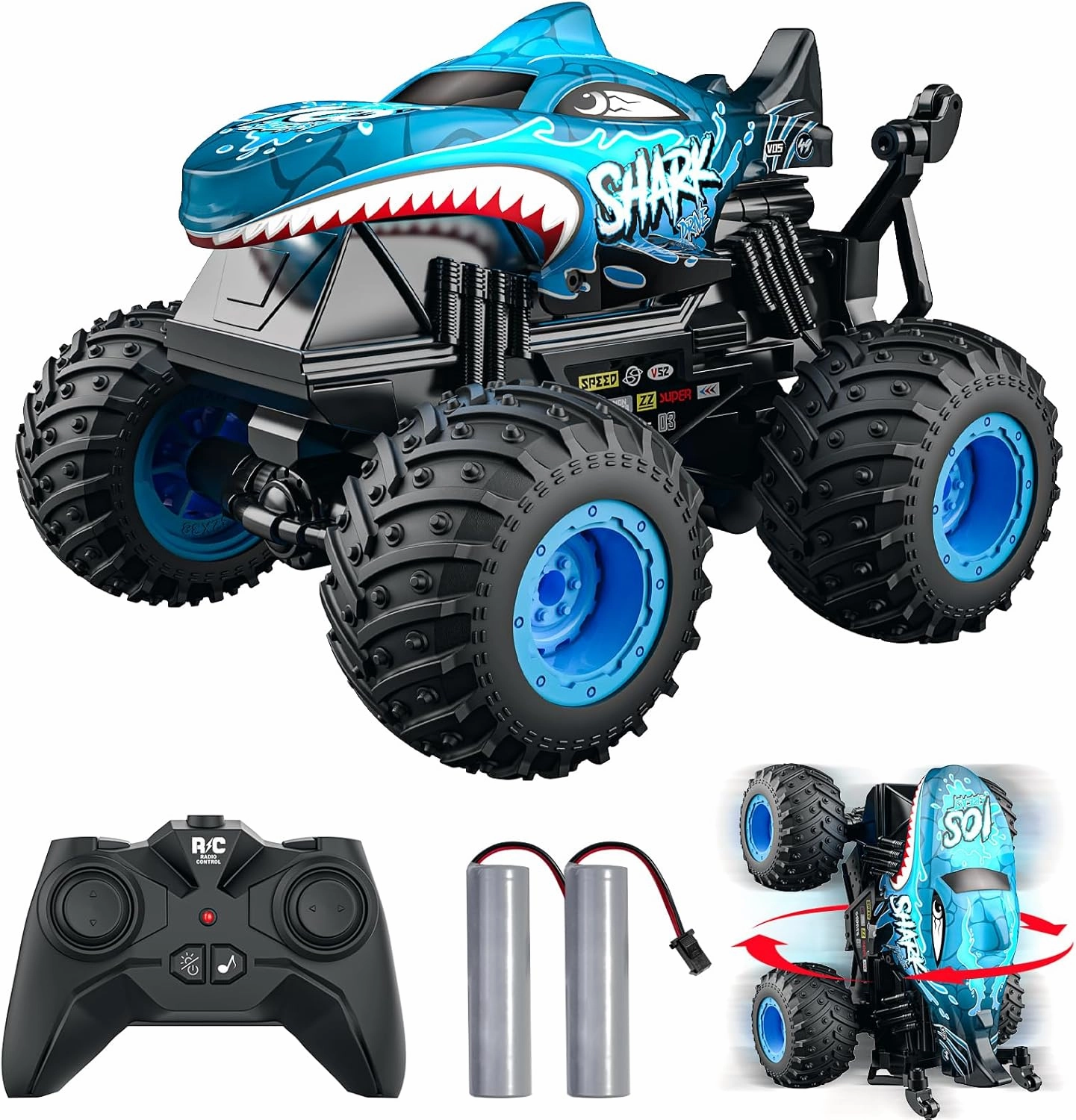ACAMMZAR Remote Control Car, 2.4GHz Remote Control Monster Truck, RC Trucks 2 Battery 60 Mins , RC Stunt Cars Toys with Light Sound, Indoor Outdoor All Terrain for Boys Kids Adults, Blue