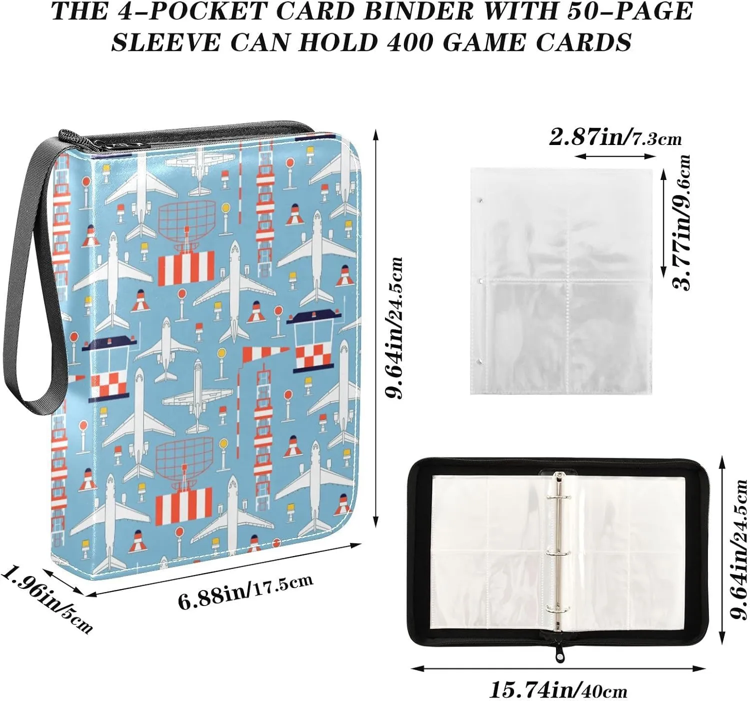 Airplanes Card Binder 4 Pocket Zipper PU Trading Card Album Fits 400 Game Cards 50 Removable Sleeves Card Folder Collection for Baseball MTG TCG Sports Cards