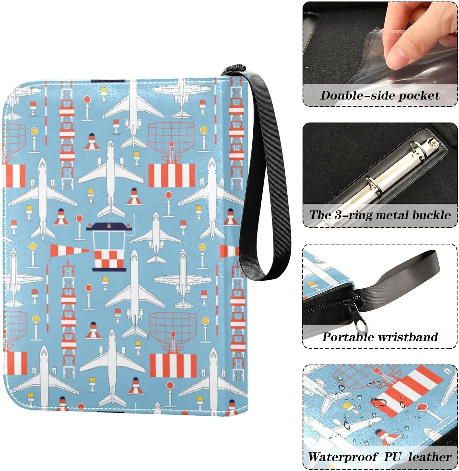 Airplanes Card Binder 4 Pocket Zipper PU Trading Card Album Fits 400 Game Cards 50 Removable Sleeves Card Folder Collection for Baseball MTG TCG Sports Cards
