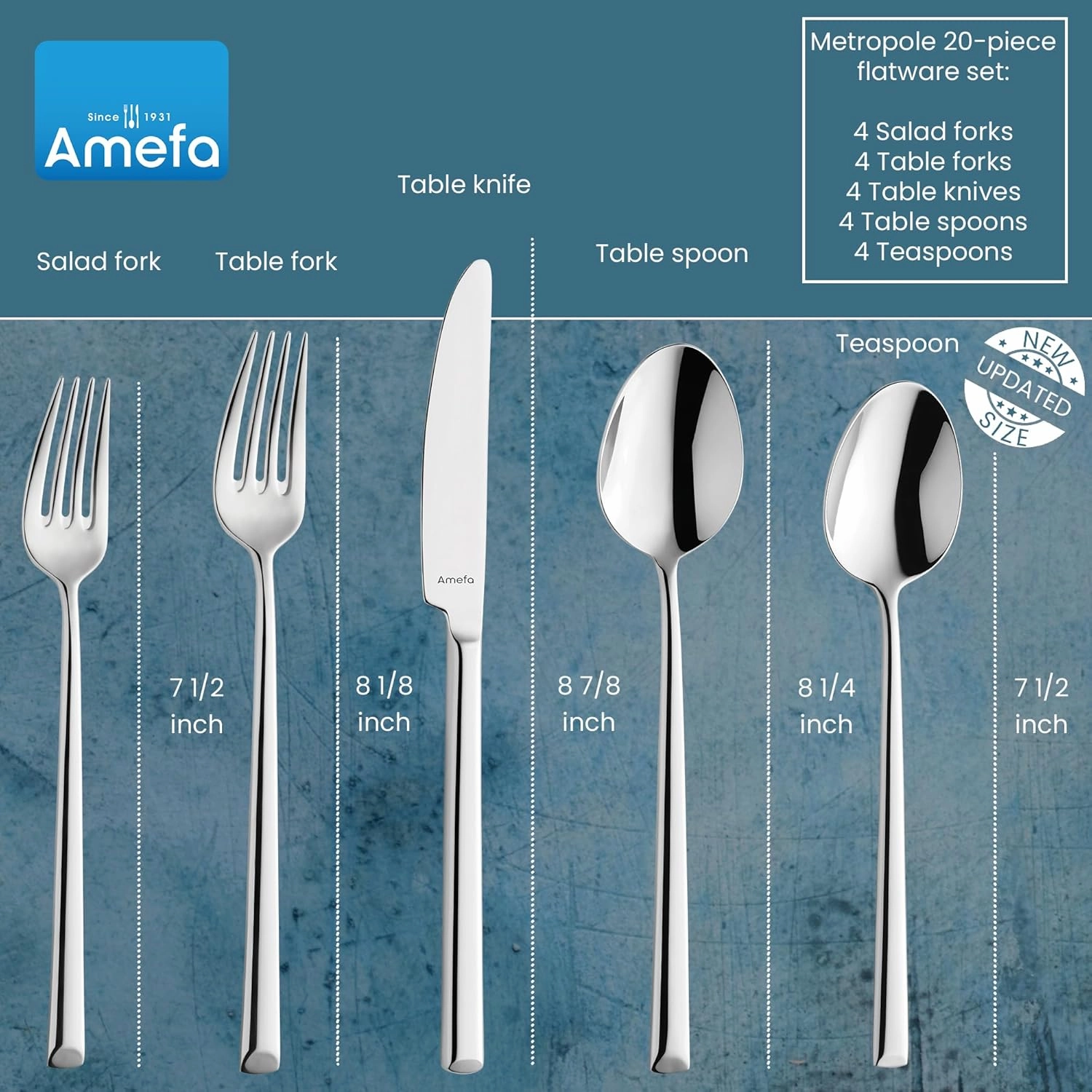 Amefa Metropole 20-piece Premium 18/10 Stainless Steel Flatware Set, High Gloss Mirror Finish, Silverware Set Service for 4, Dishwasher Safe, Rust resistant Cutlery.