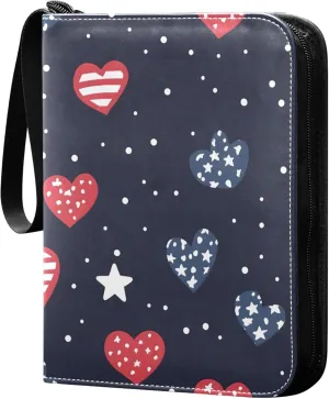 American Flag Heart and Stars Card Binder 4 Pocket Collectible Trading Card Albums with 50 Sleeves Double Side PU Waterproof 3 Ring for Sports & Game Cards