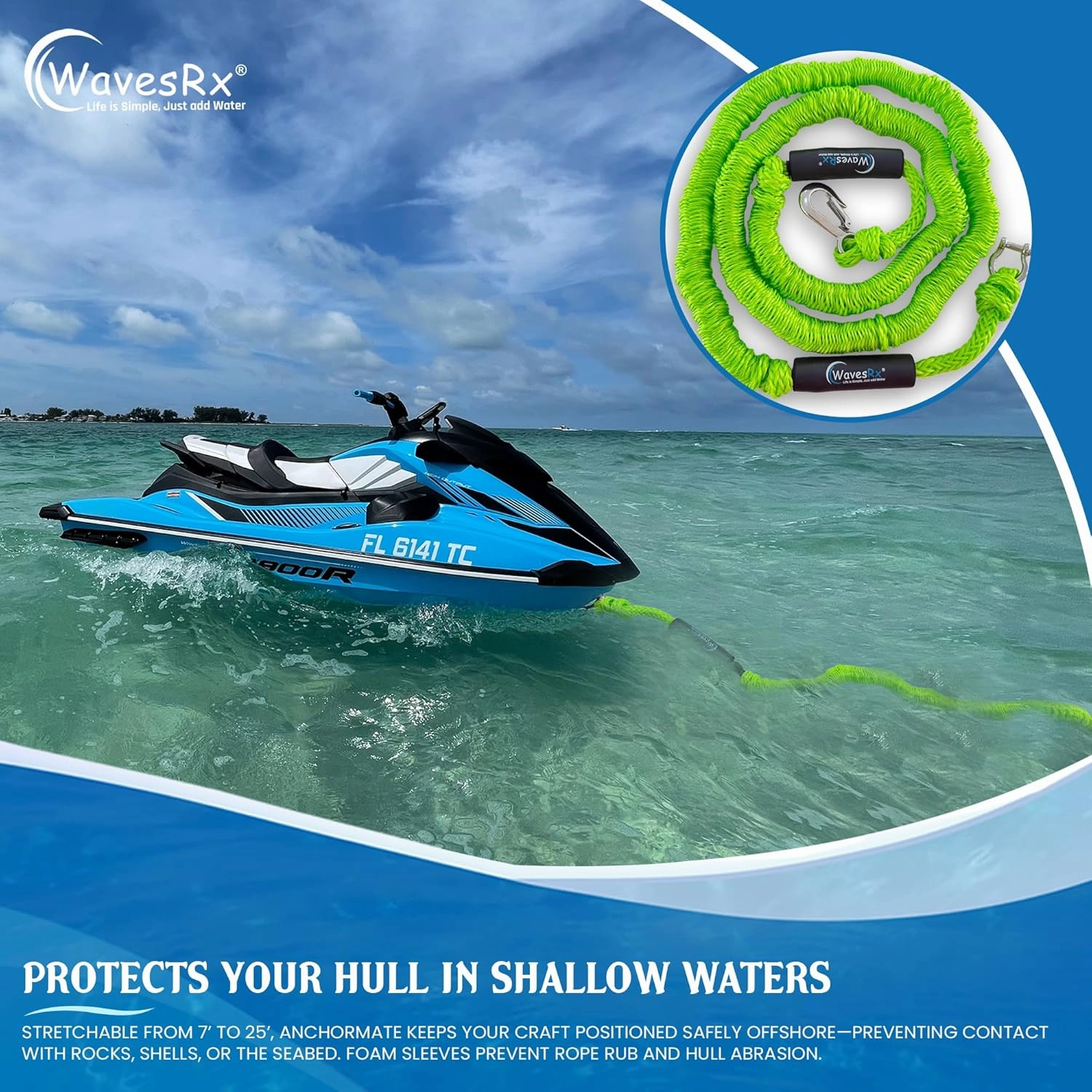AnchorMate BowTether Bungee Line | Boat Bungee Dock Lines for Boats, PWCs & Kayaks | Absorbs Shock from Swells & Wind, Prevents Anchor Dislodging | Perfect for Anchoring, Mooring & Tethering