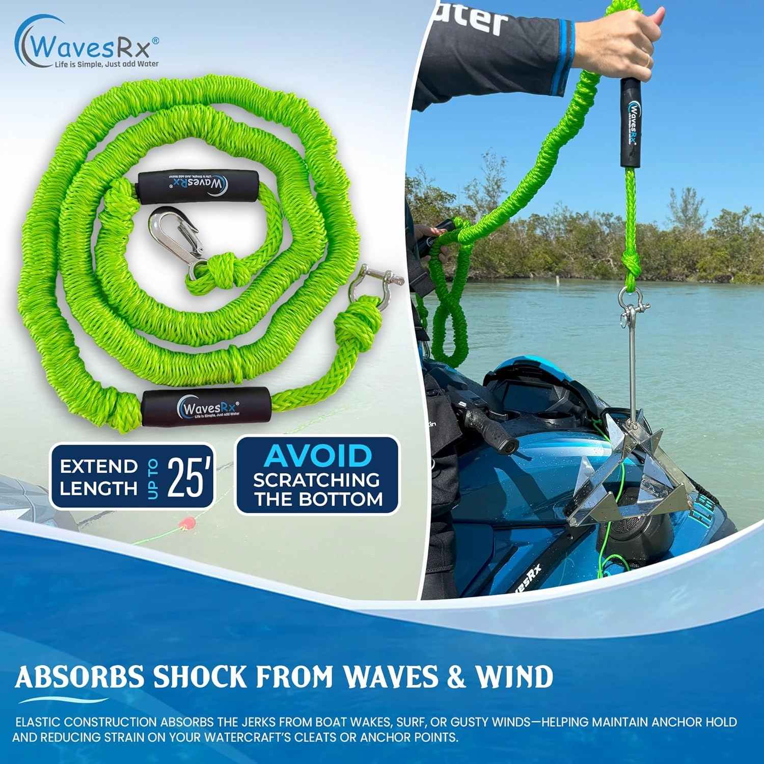 AnchorMate BowTether Bungee Line | Boat Bungee Dock Lines for Boats, PWCs & Kayaks | Absorbs Shock from Swells & Wind, Prevents Anchor Dislodging | Perfect for Anchoring, Mooring & Tethering