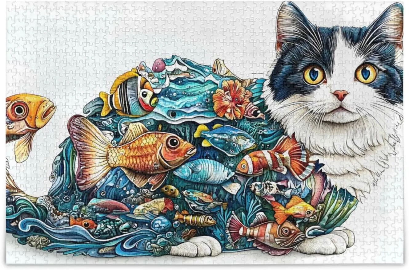 Art Cat Fish Jigsaw Puzzle 1000 Piece, Educational Intellectual Decompression Puzzle Game Jigsaw Puzzle for Adult Active Thinking Party Entertainment, Family Games