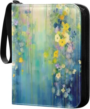 Art Flower Painting Card Binder 4 Pocket Trading Card Album Fits 400 Sports/Game Cards, PU Cover 3 Ring Card Collection with 50 Removable Sleeves
