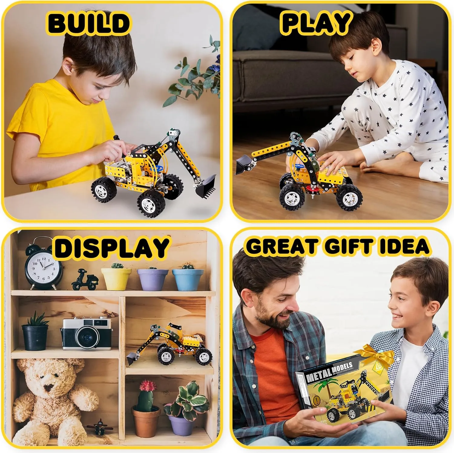 ArtCreativity Metal Excavator Toy Building Kit - 256 PCS - STEM Metal Building Kit for Kids - Large Metal Construction Toy with Moving Wheels and Arm - Build Your Own Excavator Metal Construction Set