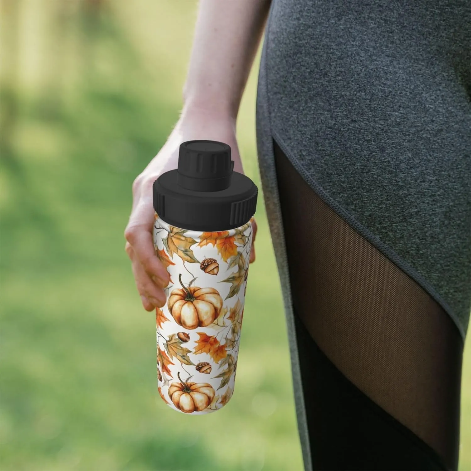 Autumn Pumpkin 18 oz Stainless Steel Water Bottles Insulated Sports Water Bottle with Handle, Fall Maple Leaf Double Wall Travel Water Flask for Running Hiking Fishing