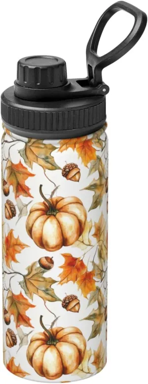 Autumn Pumpkin 18 oz Stainless Steel Water Bottles Insulated Sports Water Bottle with Handle, Fall Maple Leaf Double Wall Travel Water Flask for Running Hiking Fishing