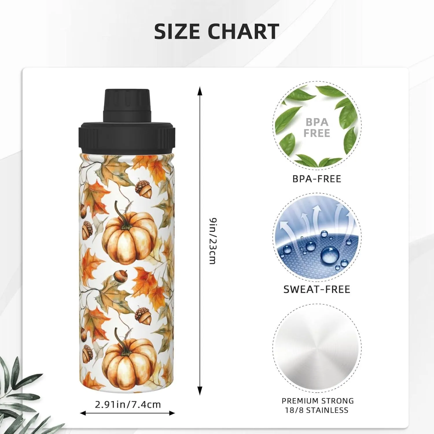 Autumn Pumpkin 18 oz Stainless Steel Water Bottles Insulated Sports Water Bottle with Handle, Fall Maple Leaf Double Wall Travel Water Flask for Running Hiking Fishing