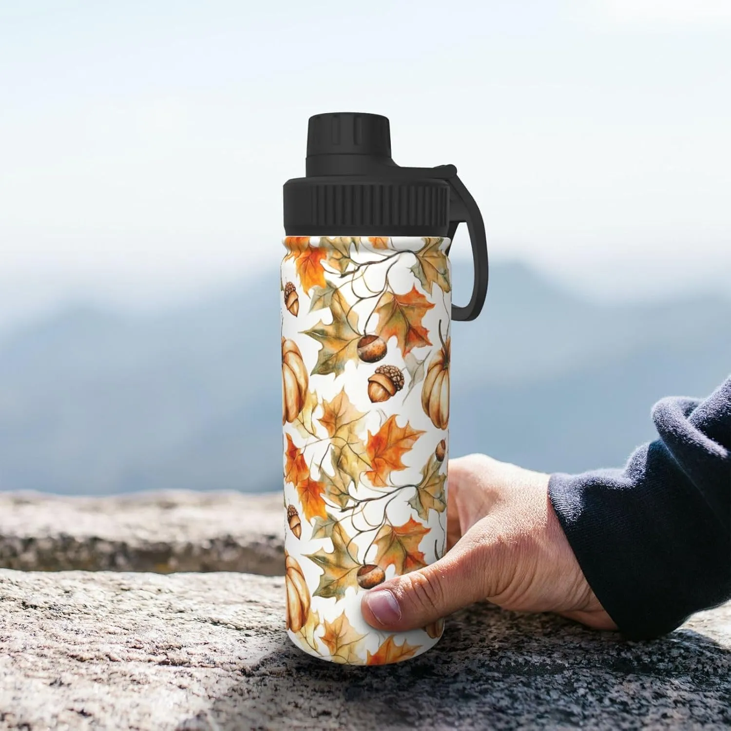 Autumn Pumpkin 18 oz Stainless Steel Water Bottles Insulated Sports Water Bottle with Handle, Fall Maple Leaf Double Wall Travel Water Flask for Running Hiking Fishing