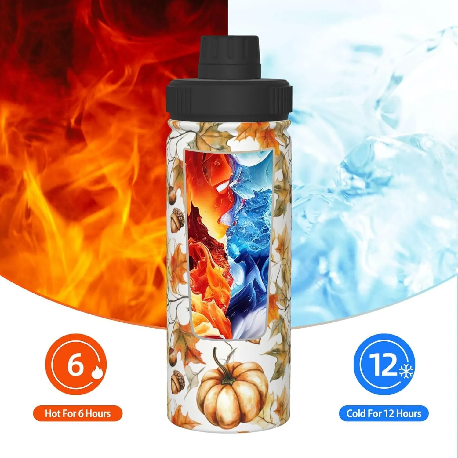 Autumn Pumpkin 18 oz Stainless Steel Water Bottles Insulated Sports Water Bottle with Handle, Fall Maple Leaf Double Wall Travel Water Flask for Running Hiking Fishing