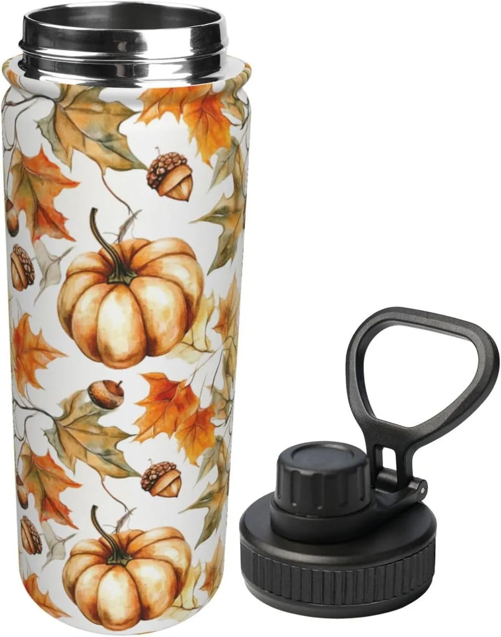 Autumn Pumpkin 18 oz Stainless Steel Water Bottles Insulated Sports Water Bottle with Handle, Fall Maple Leaf Double Wall Travel Water Flask for Running Hiking Fishing