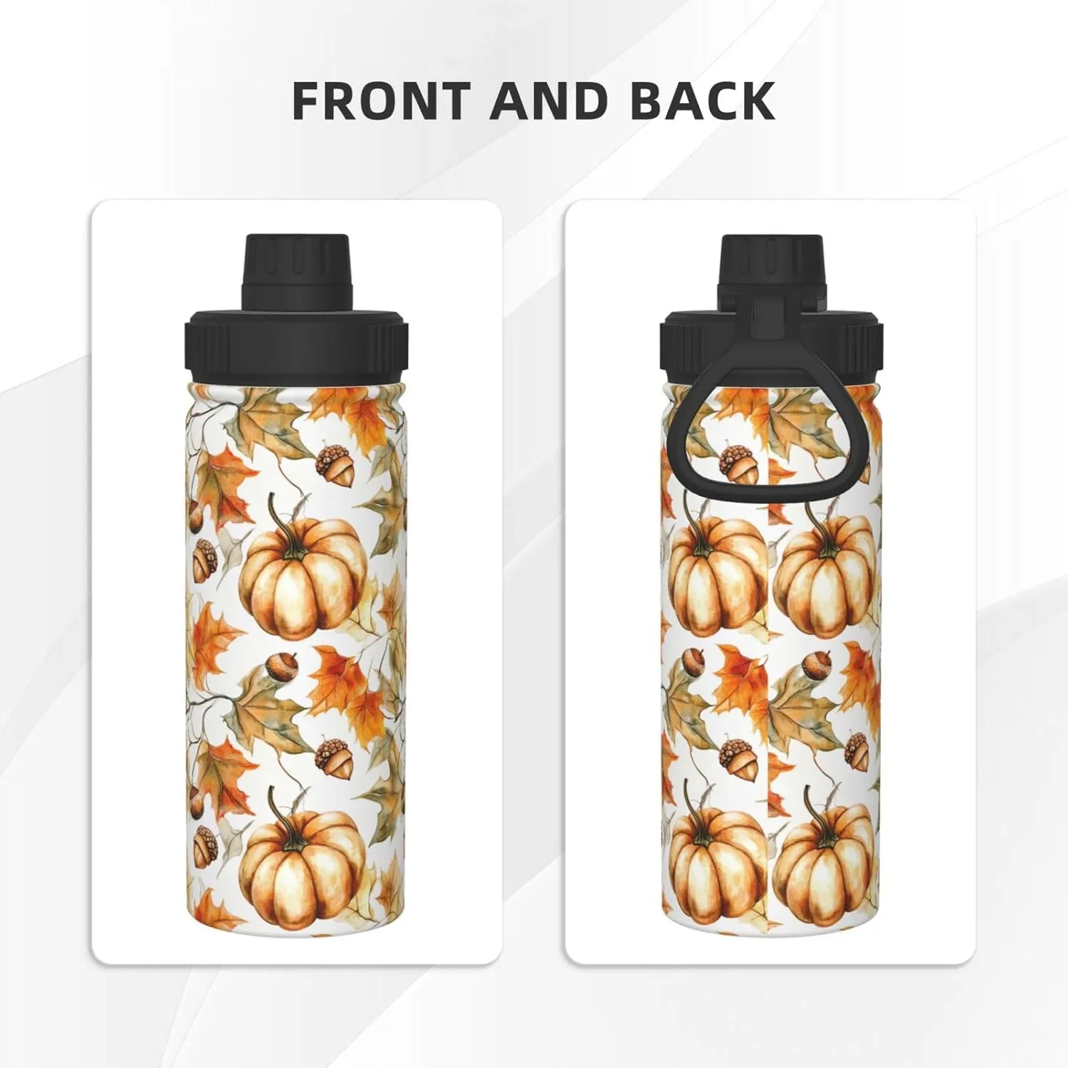 Autumn Pumpkin 18 oz Stainless Steel Water Bottles Insulated Sports Water Bottle with Handle, Fall Maple Leaf Double Wall Travel Water Flask for Running Hiking Fishing