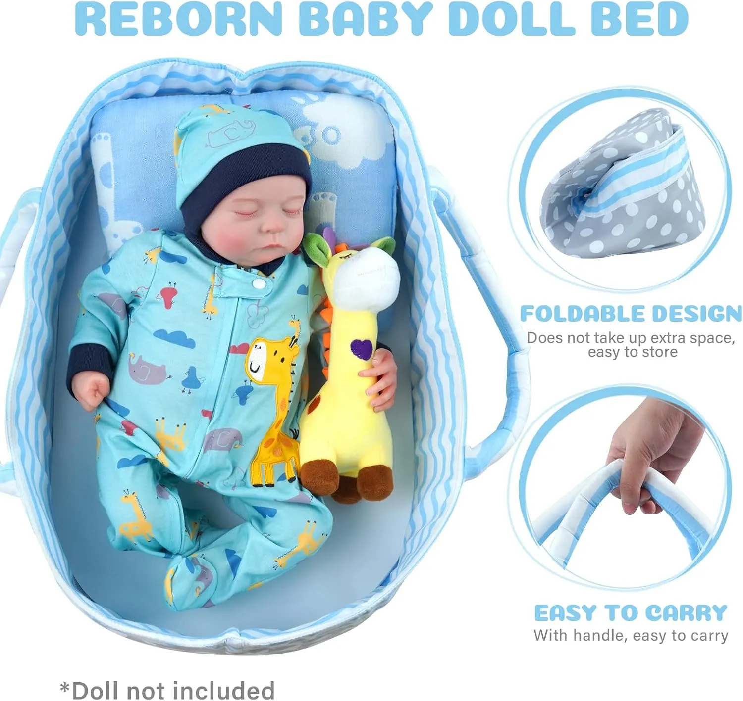 BABESIDE Reborn Baby Dolls Bassinet Foldable Baby Doll Crib Bed Soft Doll Carrier Doll Accessories with Handle for 17-22 inch Baby Dolls Girls Boys