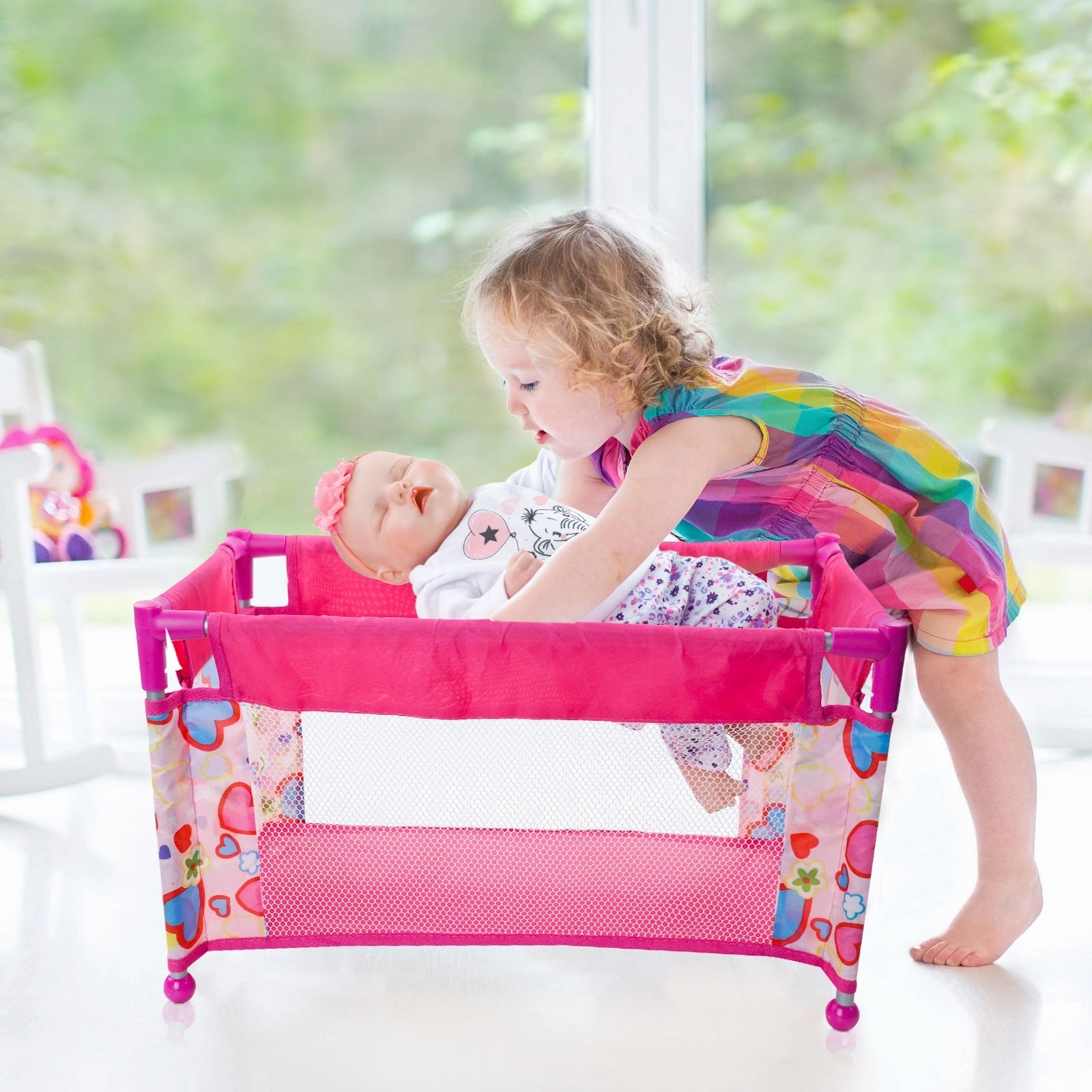 Babeside 17-22" Doll Pack N Play Baby Doll Cribs for Girls Foldable Doll Playpen Toy with Storage Bag and Removable Diaper Pad,Pink upsell