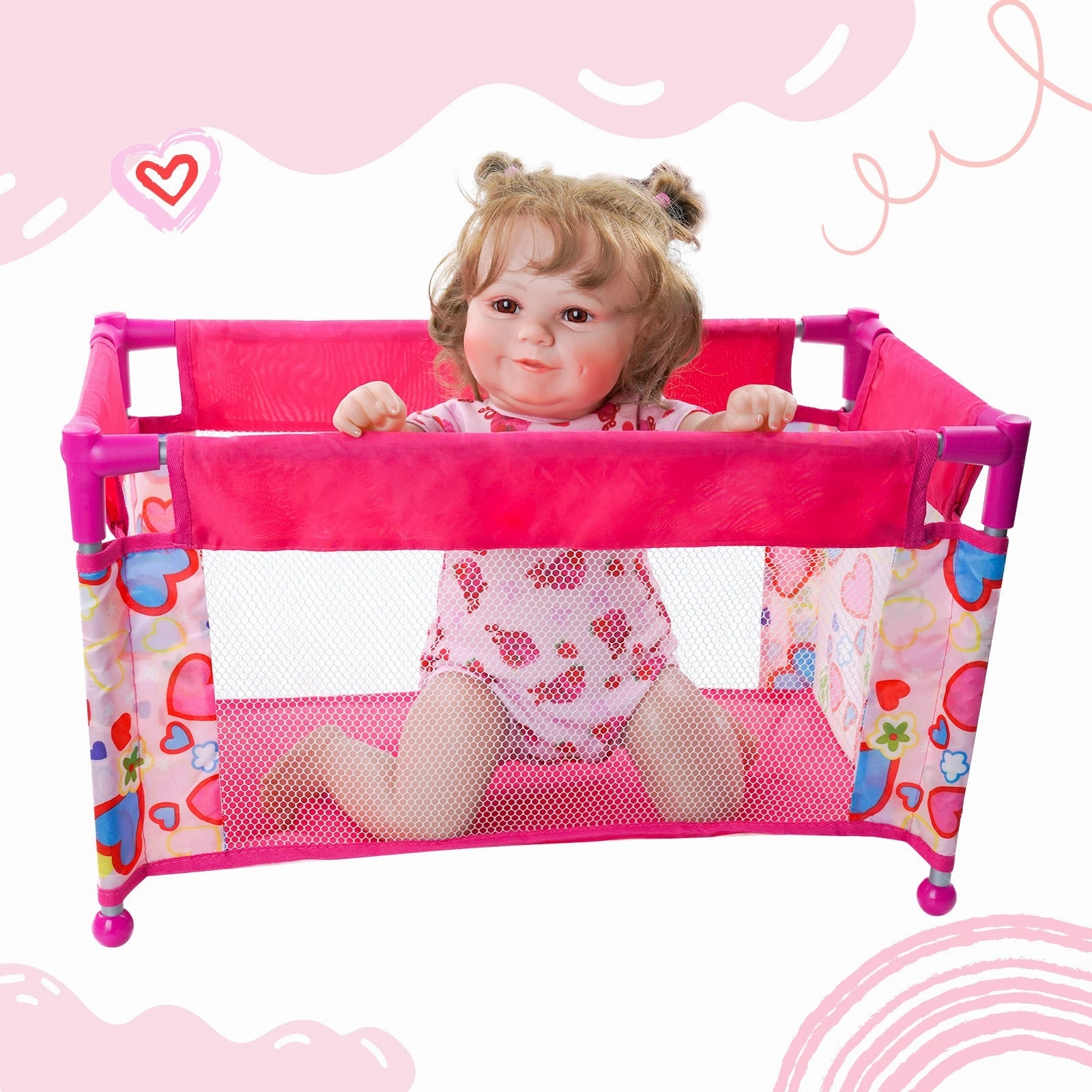 Babeside 17-22" Doll Pack N Play Baby Doll Cribs for Girls Foldable Doll Playpen Toy with Storage Bag and Removable Diaper Pad,Pink upsell