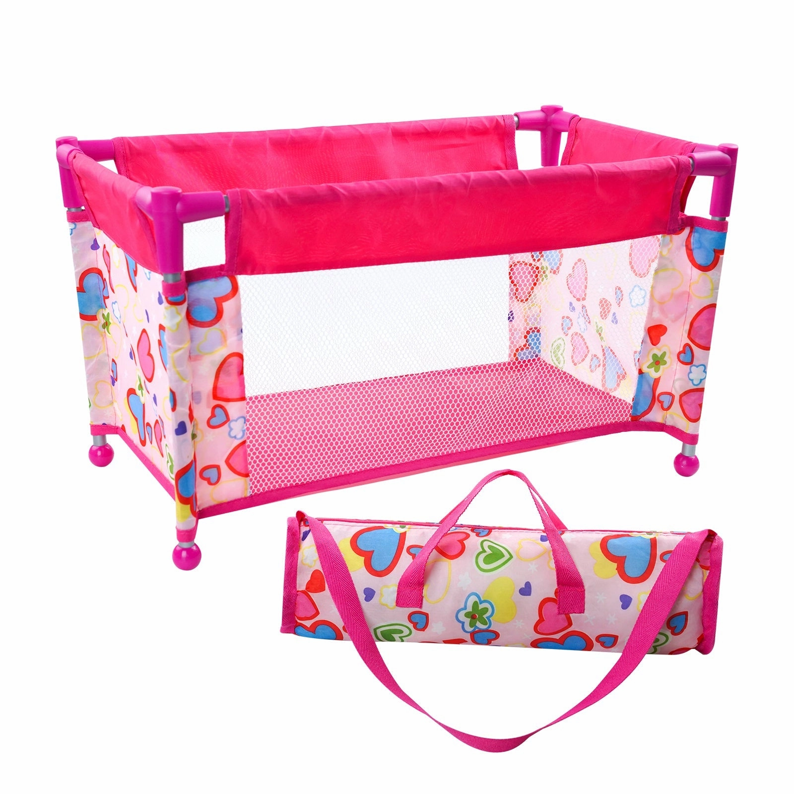 Babeside 17-22" Doll Pack N Play Baby Doll Cribs for Girls Foldable Doll Playpen Toy with Storage Bag and Removable Diaper Pad,Pink upsell
