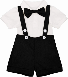 Baby Boys Formal Suit Set Short Sleeve Romper Suspenders Shorts Pants Bowtie Wedding Tuxedo Outfits Cake Smash Clothes