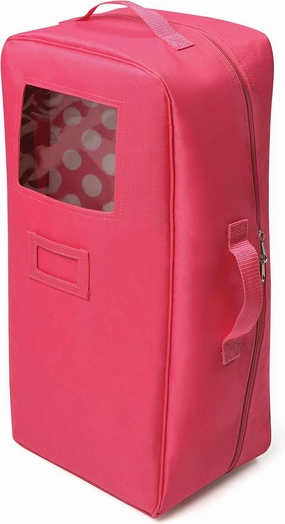 Badger Basket Doll Travel Case with Bed, Blanket, Pillow, Mesh Storage & Peek-a-Boo Window - Fits Girl Dolls - Portable Luggage Carrier with Straps for Pretend Play & Accessories - Hot Pink