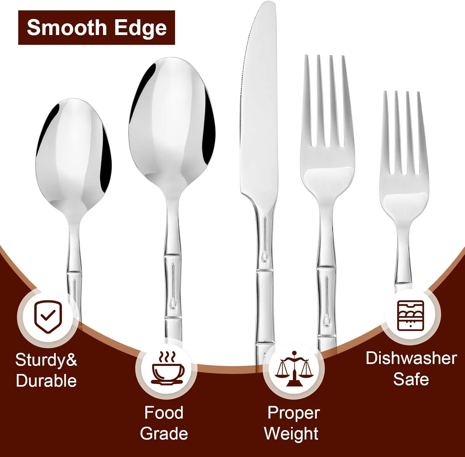 Bamboo 20-Piece Silverware Set, Stainless Steel Flatware Set, Cutlery Set Mirror Polished, Dishwasher Safe, Service for 4