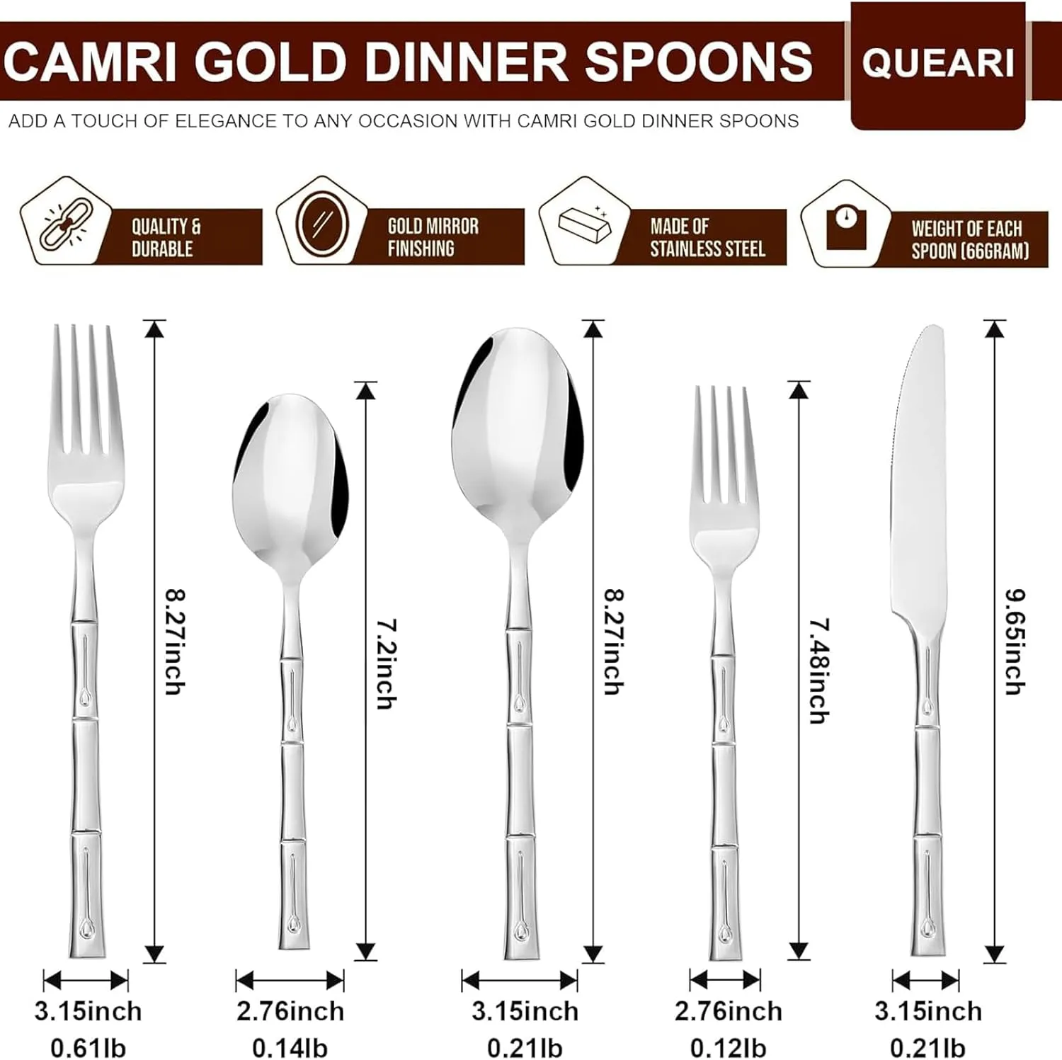Bamboo 20-Piece Silverware Set, Stainless Steel Flatware Set, Cutlery Set Mirror Polished, Dishwasher Safe, Service for 4