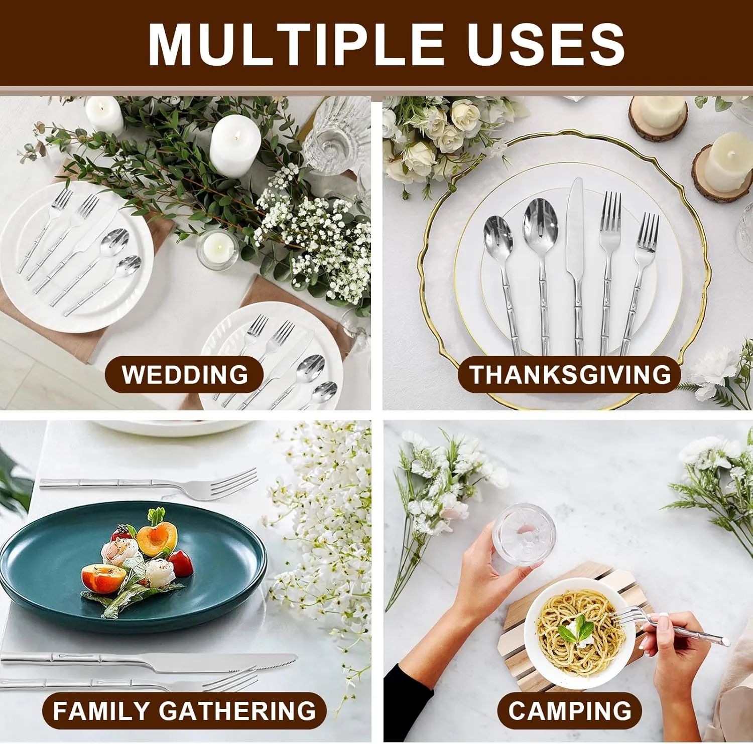 Bamboo 20-Piece Silverware Set, Stainless Steel Flatware Set, Cutlery Set Mirror Polished, Dishwasher Safe, Service for 4