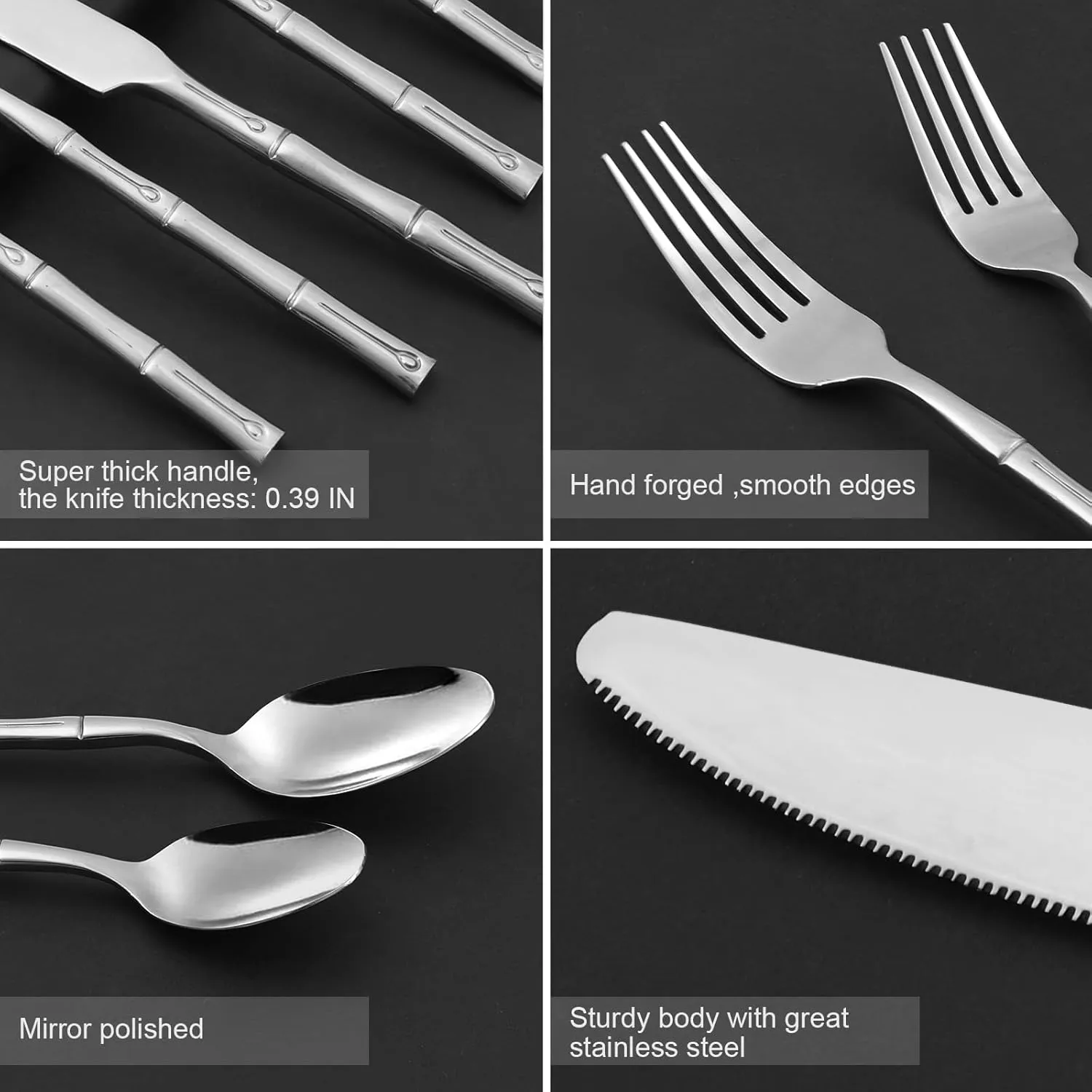 Bamboo 20-Piece Silverware Set, Stainless Steel Flatware Set, Cutlery Set Mirror Polished, Dishwasher Safe, Service for 4